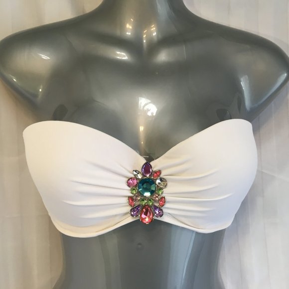 Victoria's Secret Other - Victoria's Secret Bikini Top Padded Push Up Underwire 34D White Jewel Rhinestone